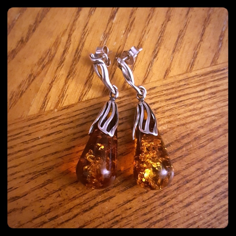 Baltic amber sterling silver drop earrings 1.78"
